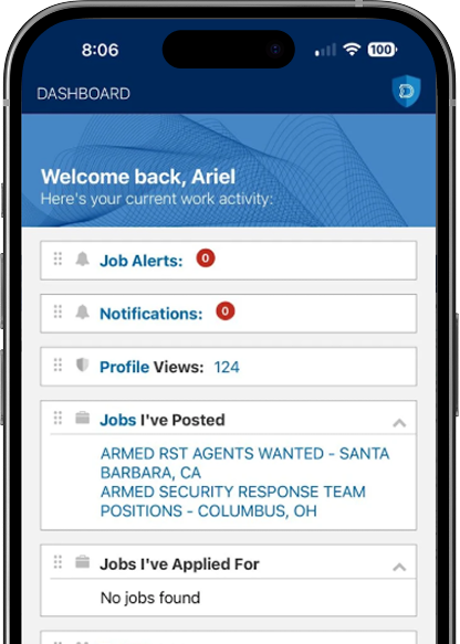 App dashboard displaying user welcome status and active work process details